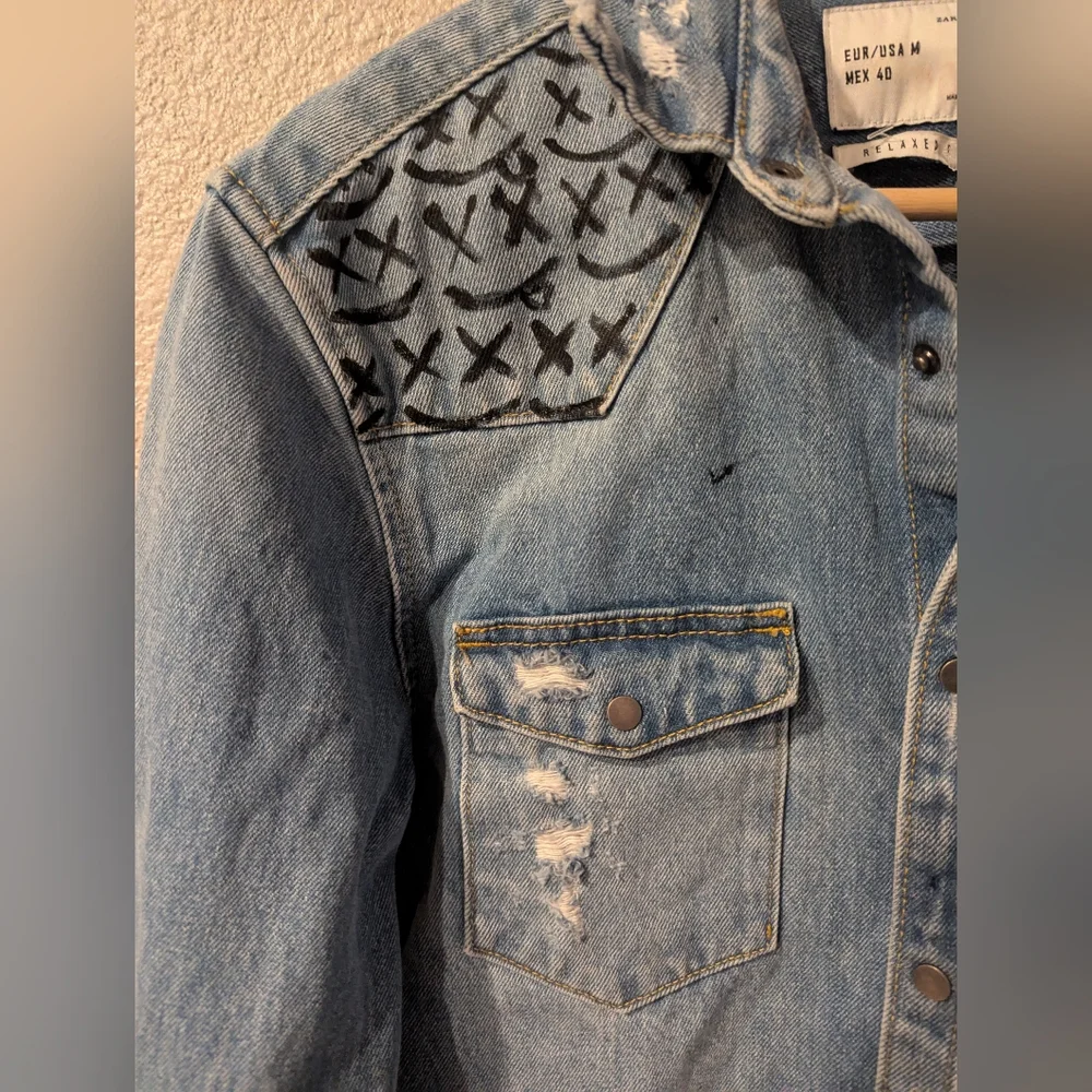 ZARA MAN Painted Denim Jean Jacket Medium Unisex - Picture 5 of 10
